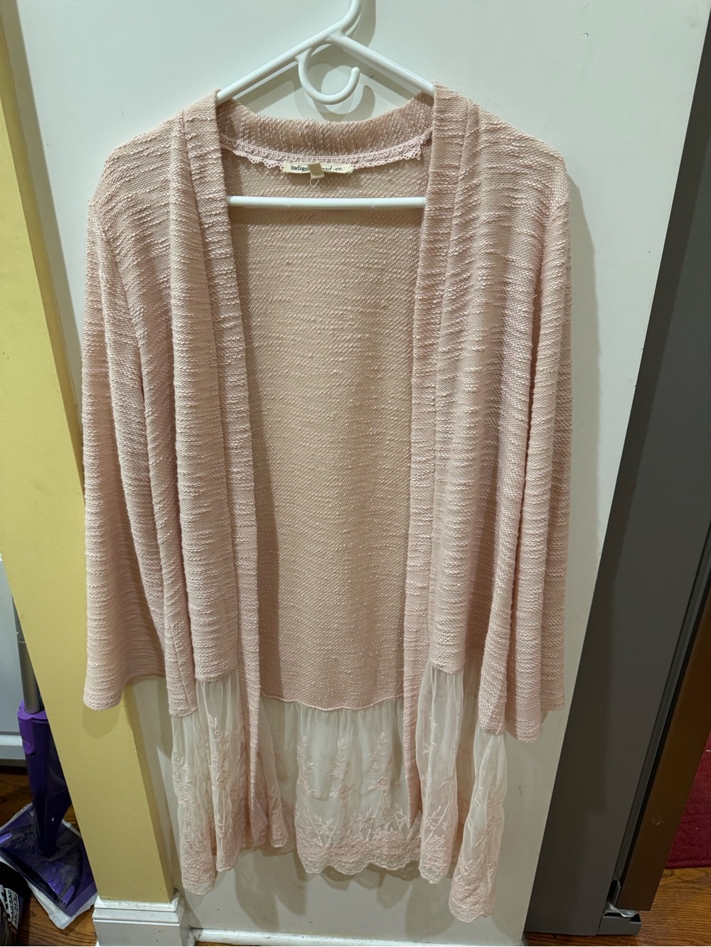 Light Blush Open-Front Knit Cardigan with Lace Trim